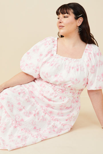 HY9258W Pink Plus Textured Floral V Neck Smocked Waist Dress Pose